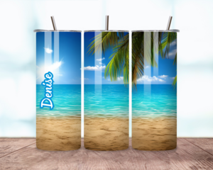 This photo is of a calm beach and turquoise water tumbler shown from all sides – wraparound design with soft sand and sky. Subllimated.
